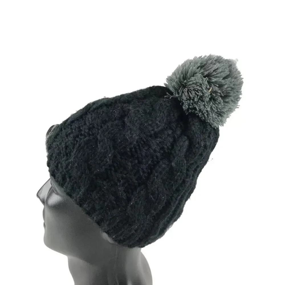 Moon Shadow Womens Black Gray 100% Acrylic Pom Top Knitted Beanie Hat One Size - Picture 4 of 11